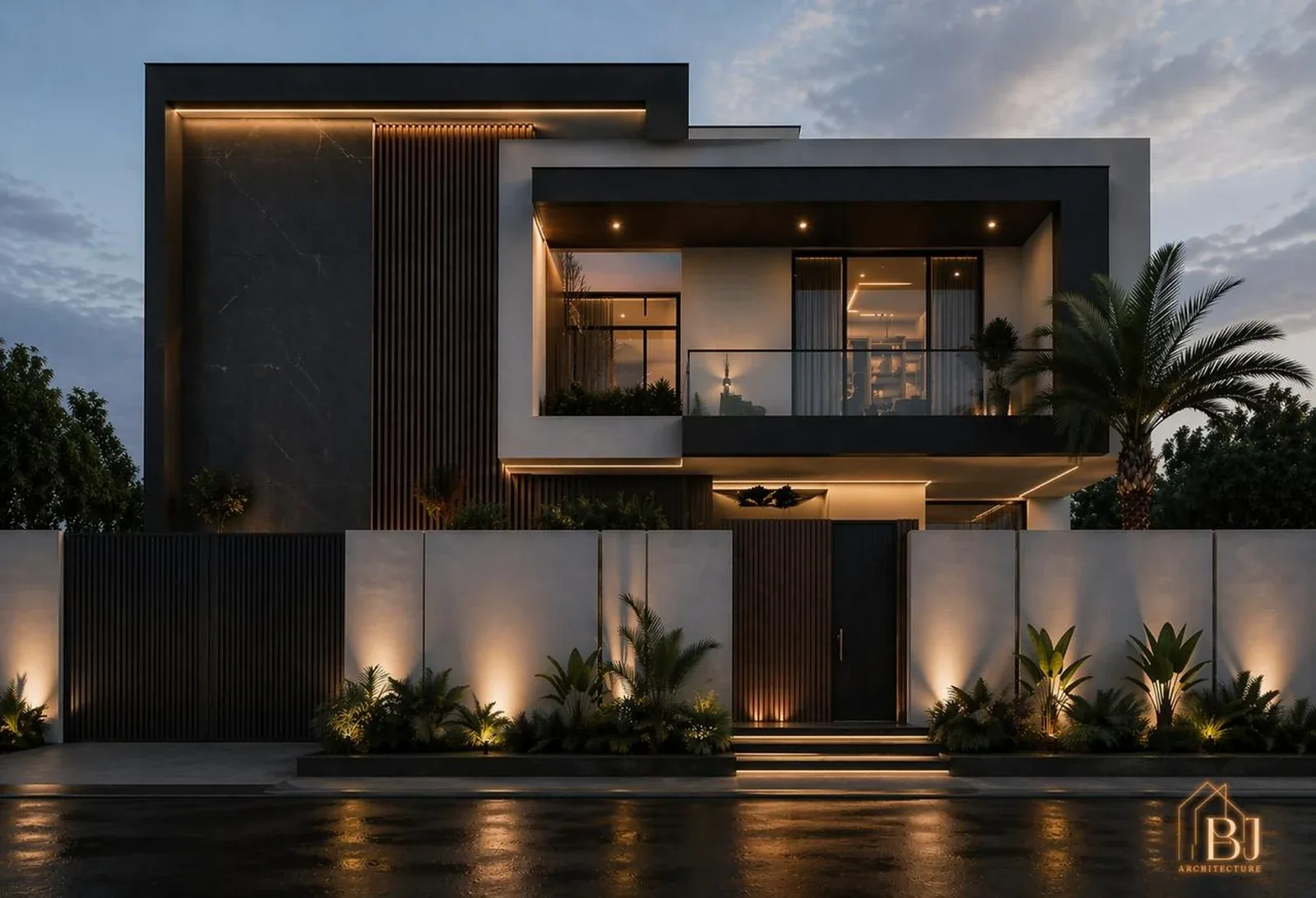 La même façade de la villa contemporaine au crépuscule, éclairée de l’intérieur