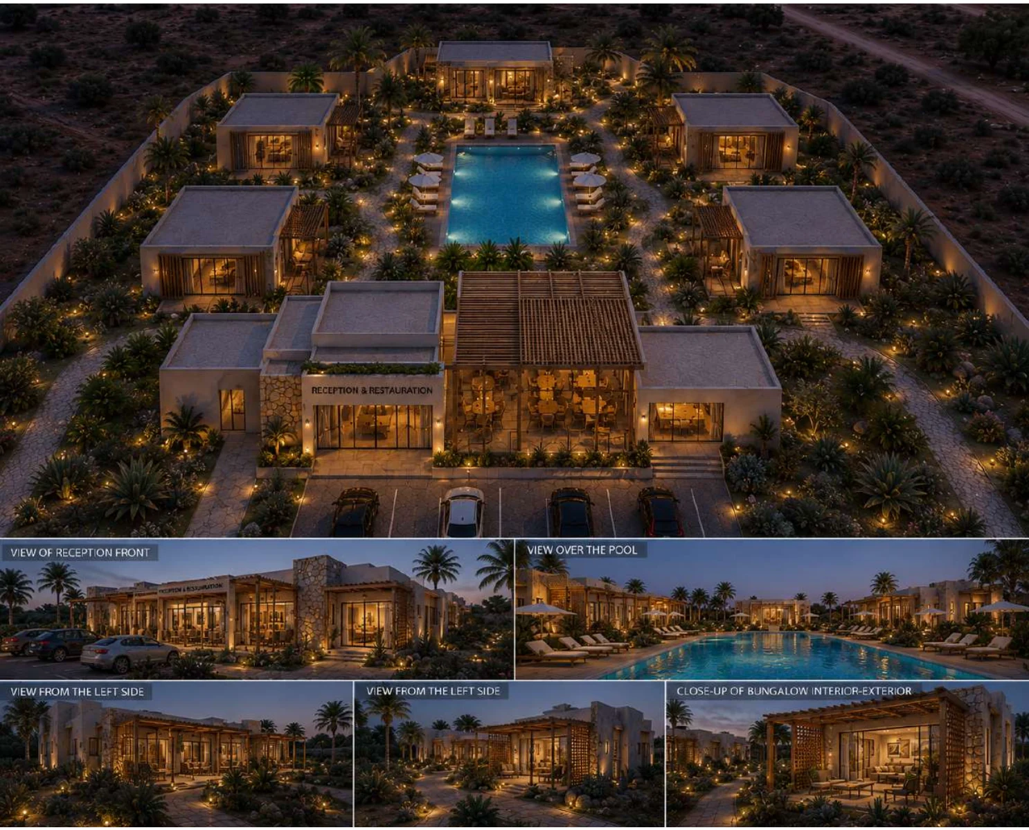 Planche de conception B du complexe touristique avec vue aérienne nocturne