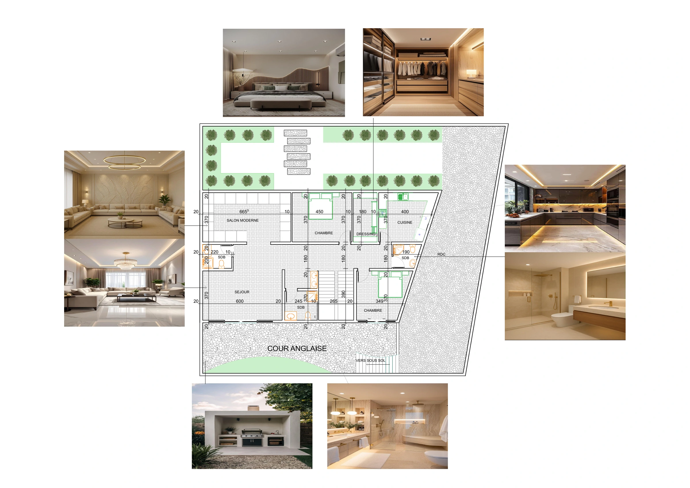 Plan du sous-sol et perspectives intérieures de la Villa Agadir