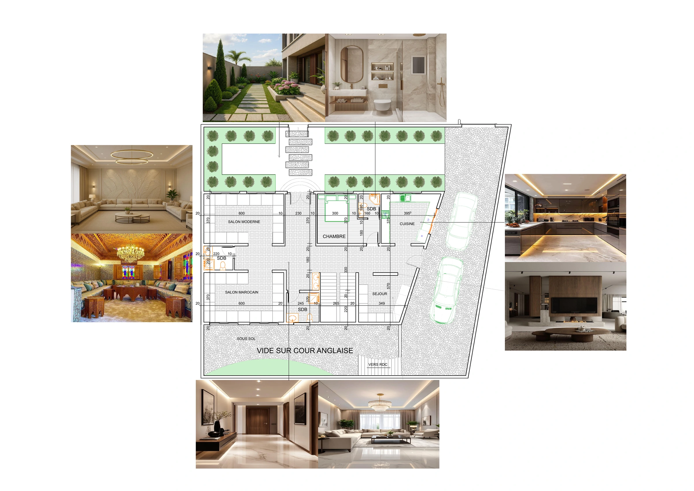 Plan du rez-de-chaussée de la Villa Agadir avec vues intérieures