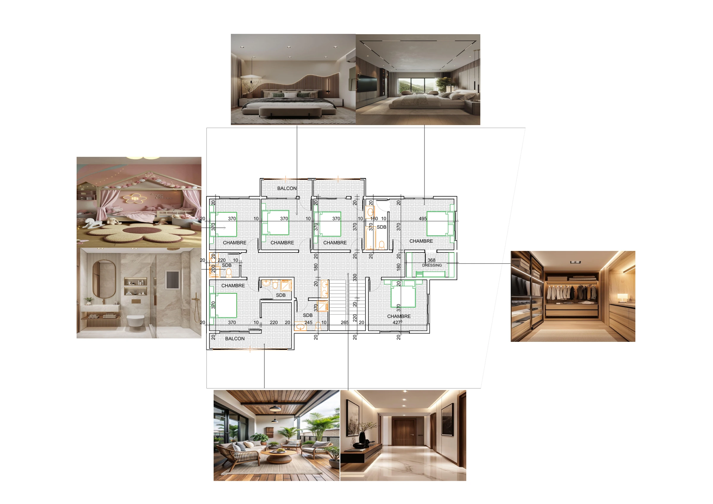 Plan du premier étage et perspectives intérieures de la Villa Agadir