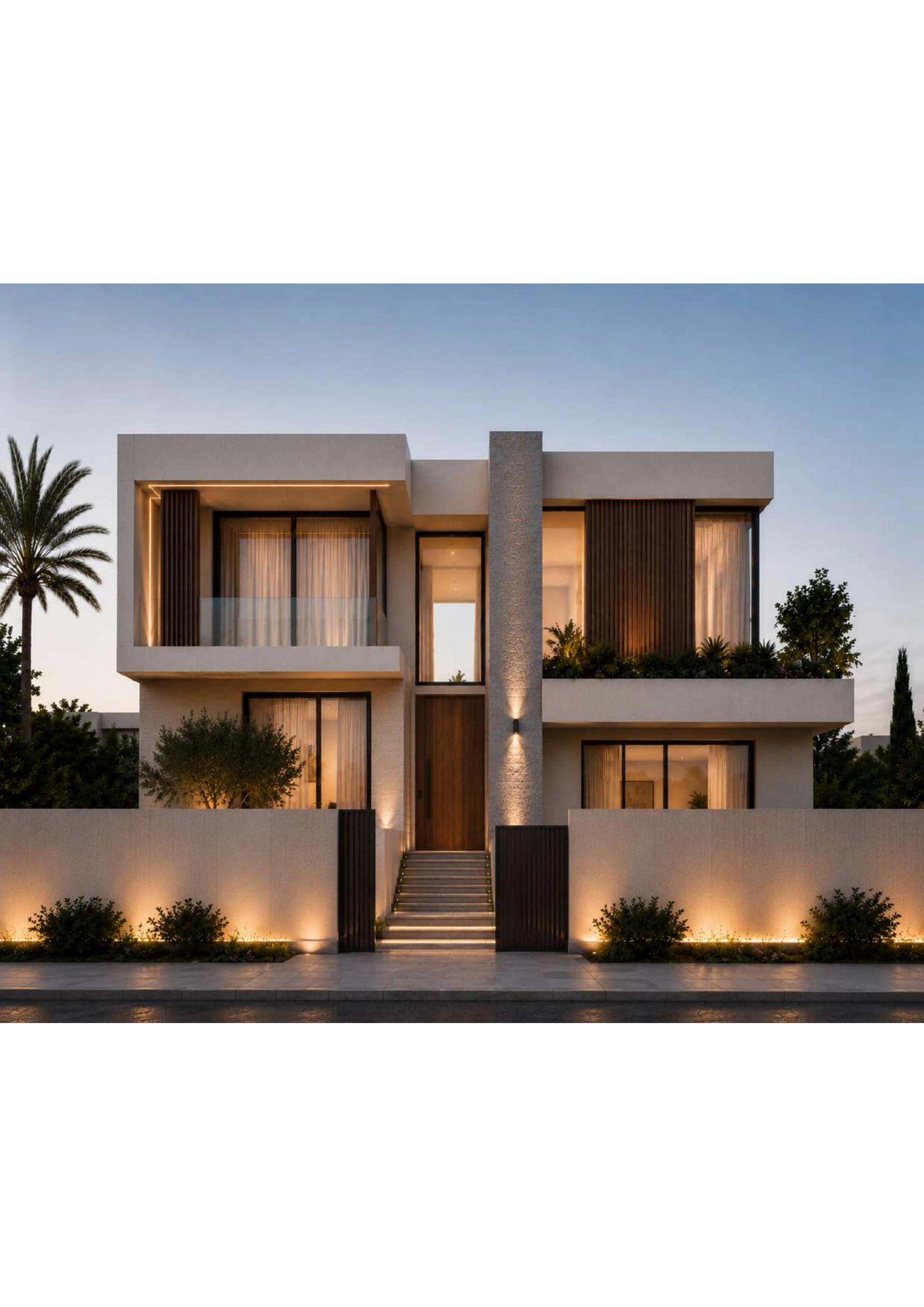 Façade de la Villa Atria en lumière du soir